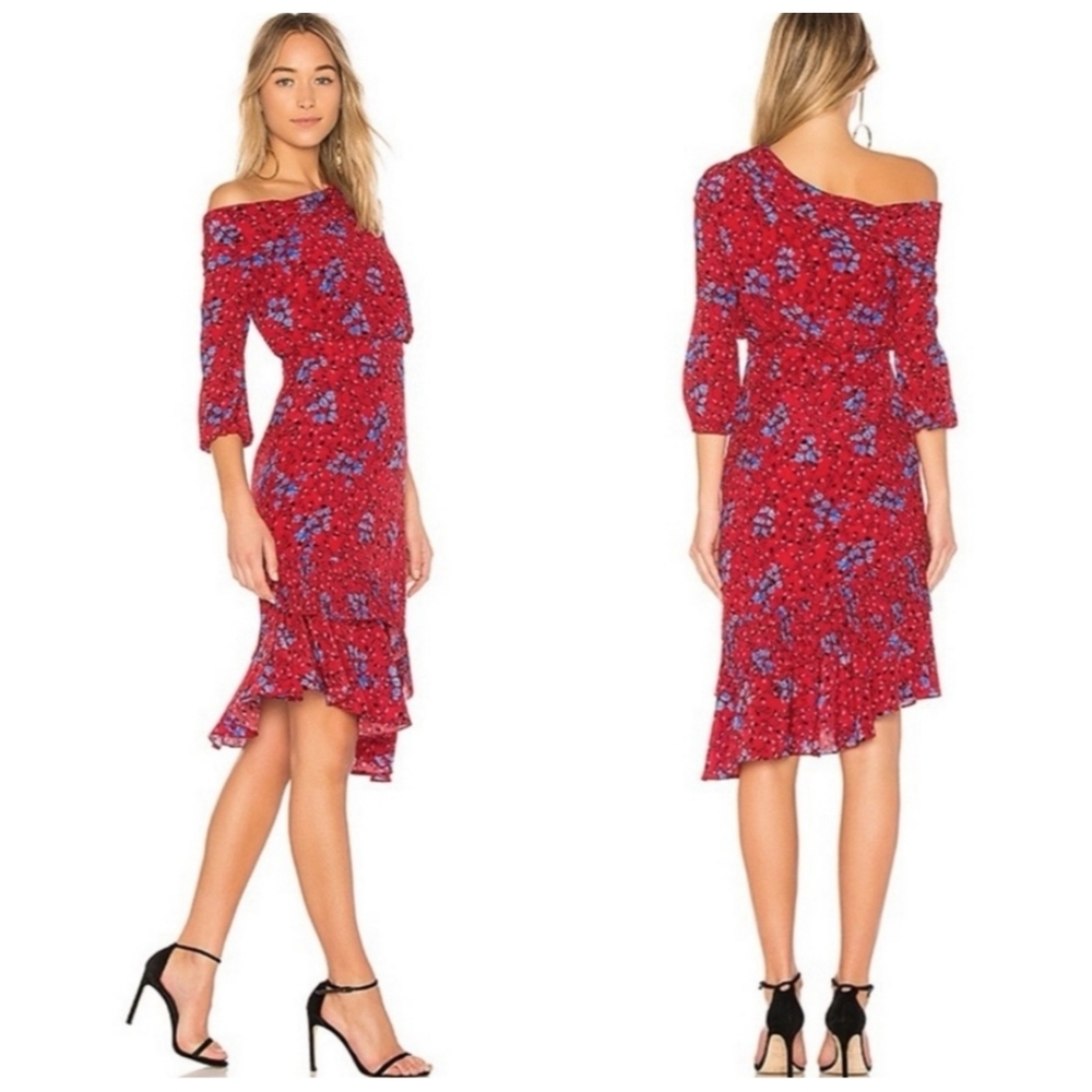Saloni Asymmetrical Lexi Dress 100% Silk Crepe Scarlet Posey Floral 4 New